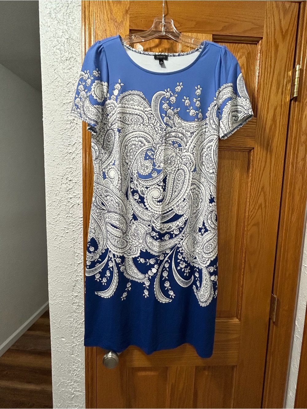 Talbots Effortless Ombré Blue and White Paisley Trim Scoop Neck Dress